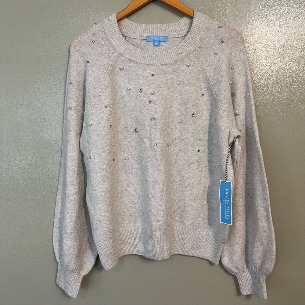 Draper James Womens Gray Balloon Sleeves Crew Neck Knit Sweater Perls L NWT